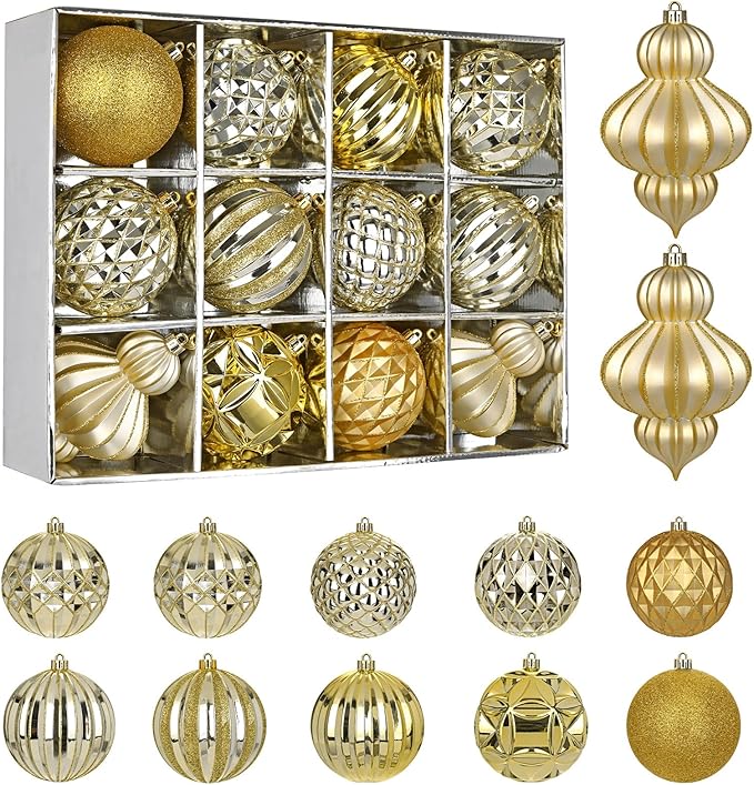 4" Christmas Ball Ornaments Set 12PCS Large Shatterproof Plastic Ornaments Christmas Tree Ball Hanging Ornaments for Xmas Tree Wedding Party Holiday Decorations - Champagne, Gold