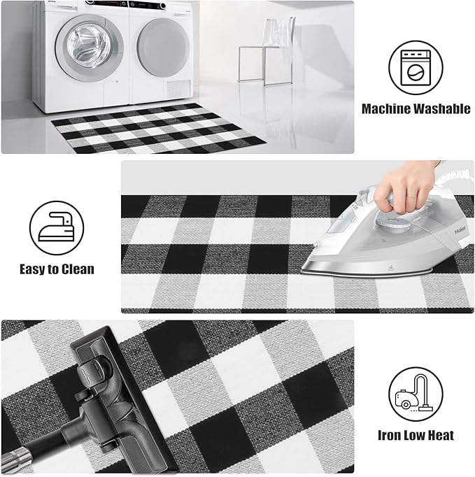 KIMODE Buffalo Plaid Christmas Outdoor Rug 3x5, Farmhouse Cotton Front Door Mat, Washable Black and White Checkered Rug for Christmas Welcome Layered Door Mat Front Porch Entryway Kitchen