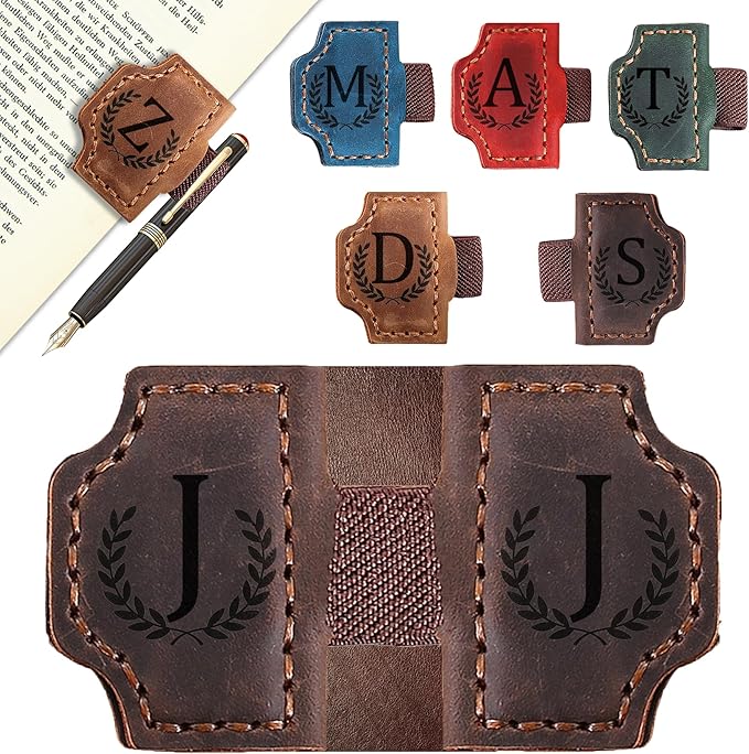 Bygone Mark Bookmark with Pen Holder, 26 Letters Name Initial Personalized Magnetic Bookmarks, Leather Book Mark for Men Women, Travelers Accessories, Teachers Readers Book Lovers Gifts (Coffee, J)