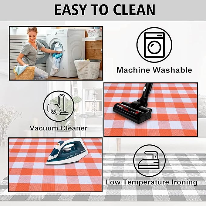 Orange and White Plaid Rug, 4' x 6' Fall Outdoor Front Door Decor Mat, Cotton Washable Hand-Woven Rug for Layered Doormat, Autumn Halloween Thanksgiving Carpet for Porch, Entryway