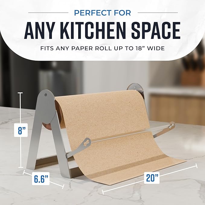 Bryco Goods 18 Inch Paper Roll Dispenser and Cutter, Wall Mountable & Non-Slip Tabletop, Heavy-Duty Steel Frame – Kraft, Butcher, Freezer, Wrapping Paper Holder – for Home, Office, Craft Projects