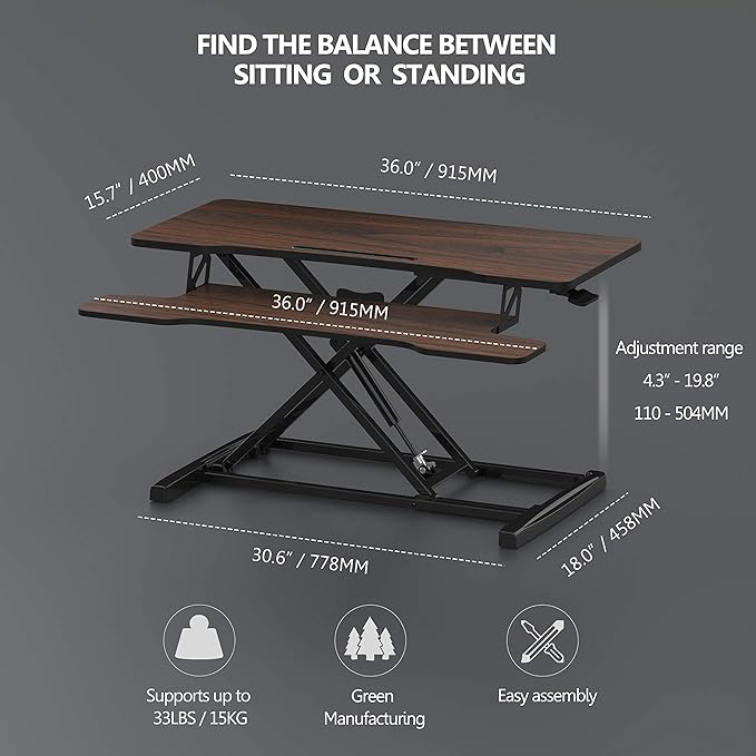 FITUEYES Height Adjustable Standing Desk 36” Wide Sit to Stand Converter Stand Up Desk Tabletop Workstation for Dual Monitor Riser FSD309102WE