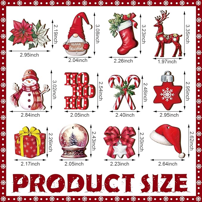 Huwena 36 Pcs Christmas Wooden Ornaments Red Xmas Tree Decorations Snowman Gnomes Poinsettia Flowers Truck Wreath Wood Cutouts Tags with Ropes Winter Christmas Decor for Xmas Tree Home Wreath Gifts