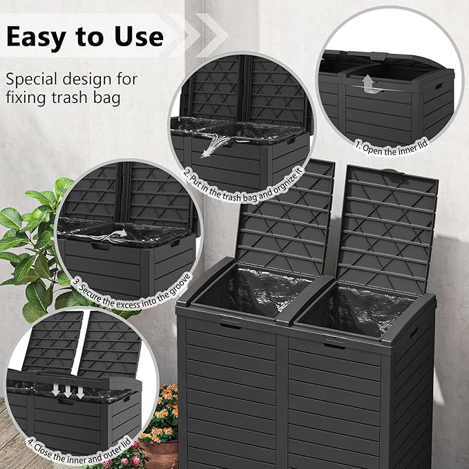 62 Gallon Outdoor Trash Can, Waterproof Garbage Can with Tiered Lid and Drip Tray, Resin Outside Trash Bin for Patio, Backyard, Deck