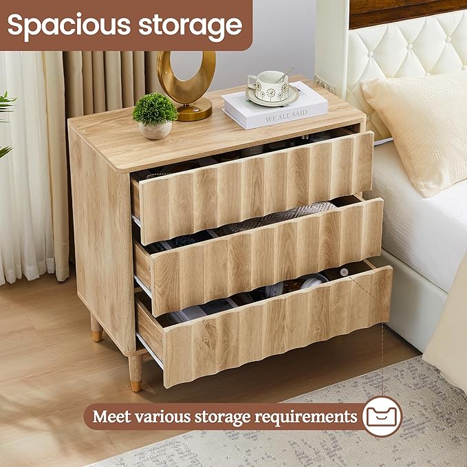 Fluted 3 Drawer Dresser, 31.5" Wide Modern Storage Chest of Drawers, Wood Drawer Organizer for Bedroom, Living Room, Hallway
