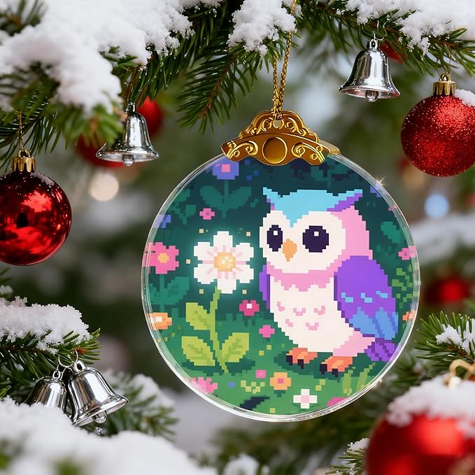 Pixel Art Owl in Flowers Ornaments, Owl Christmas Ornament, Owls Gifts for Women, Owls Decor Bird Ornament 2.75" Glass Decorative Hanging Ornaments