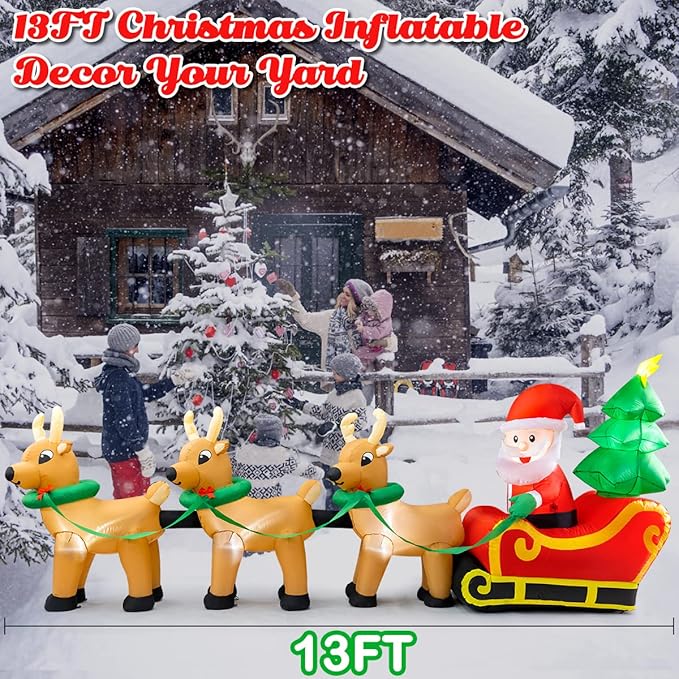 Sizonjoy Outdoor Christmas Inflatables Decorations,13 FT Lighted Christmas Inflatables Santa Claus on Sleigh with 3 Reindeer & Christmas Tree for Indoor Outdoor Home Holiday Yard Decorations
