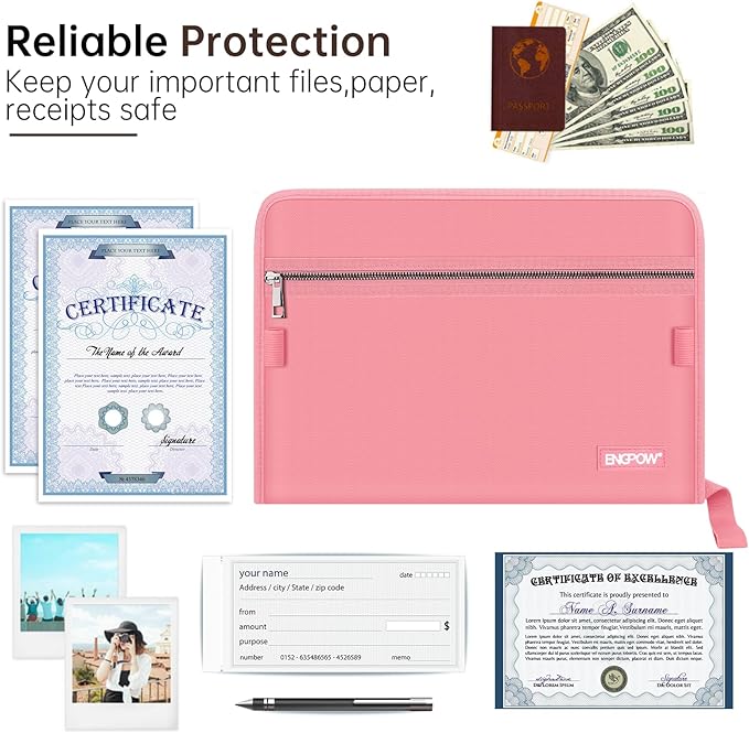 ENGPOW Accordion File Organizer,Fireproof 13 Pockets Expanding File Folder,Document Organizer Folder with Zipper＆Labels,Portable Home Travel Safe Storage for Letter A4 Files and More,Pink