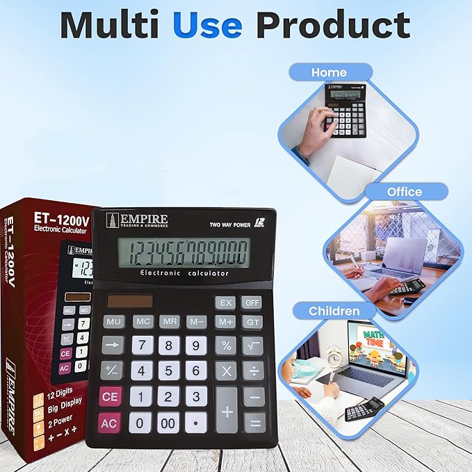 Empire Desk Calculator with Large Key Buttons, 12 Digits, Large Eye-Angled Display, Solar and Battery Powered for Home and Office (Battery Included)