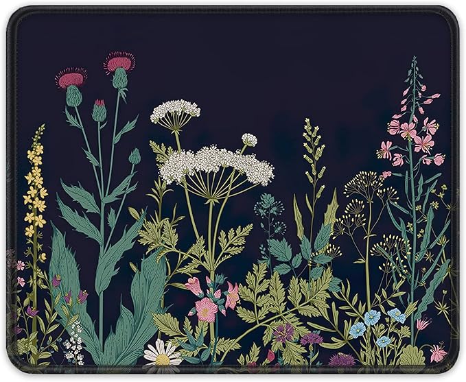 Auhoahsil Mouse Pad, 12 x 10 in Flower Theme Computer Mouse Pad for Desk, Premium-Textured Non-Slip Rubber Stitched Edges Waterproof Square Mouse Mat for Gaming Work Wireless Mice, Black