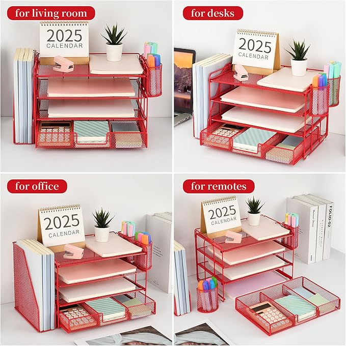 gianotter Paper Letter Tray Organizer with File Holder, 4-Tier Desk Accessories & Workspace Organizers with Drawer and 2 Pen Holder, Desk Organizers and Accessories for Office Supplies (Red)