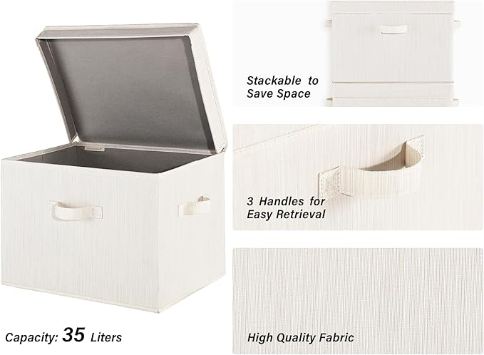 StorageWorks Closet Storage Bin with Lids, Decorative Storage Boxes with Handles, Fabric Storage Bins for Clothes, Jumbo, Mixing of Beige, White & Ivory, 2-Pack