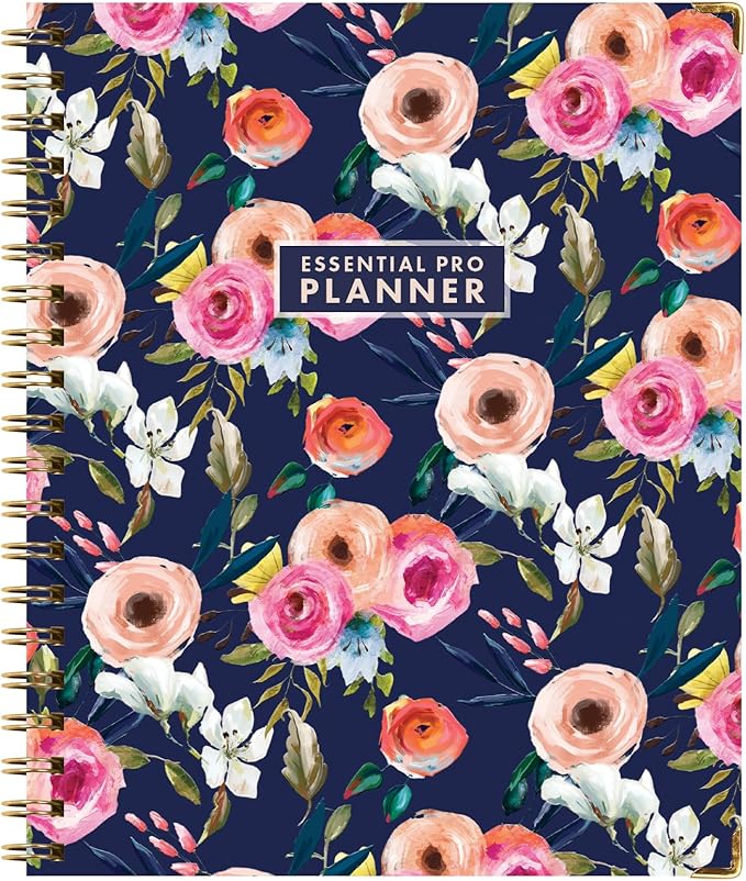DELUXE ESSENTIAL PRO Undated Daily, Weekly & Monthly Planner,Monthly Tabs,Daily Tracking,Notes Pages,Storage Pocket,Bookmark w Sticky Notes (Small Navy Floral)