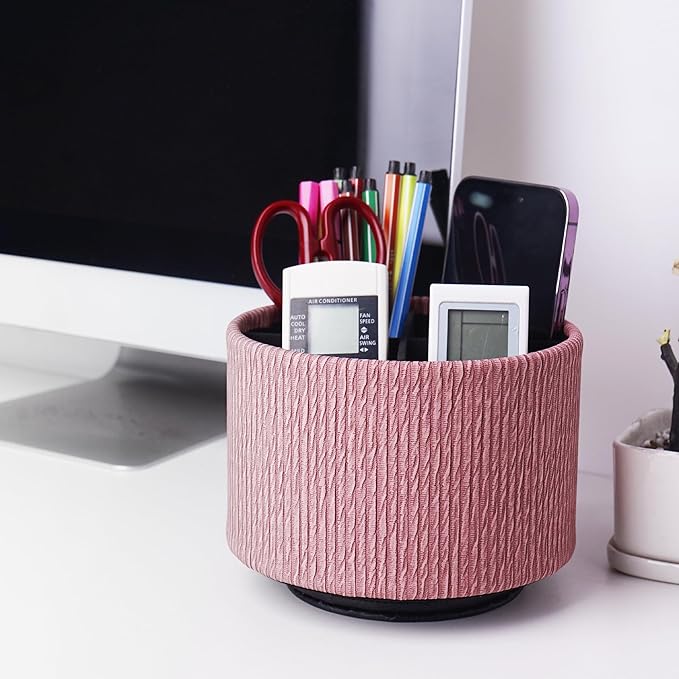 Hennaja Round Leather Art Supply Organizer,Remote Control Holder,360 Degree Spinning,Multi-Functional Pencil Holder,4 Compartments Desktop Stationary Organizer(1-Wood Pink)