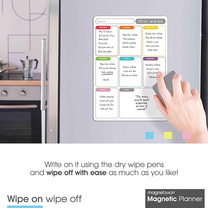 Magnetic Dry Erase White Board Planner for Fridge | Apartment Essentials and Home Organization Must Have | Family Planning, Grocery List, Whiteboard Calendar, Chore Chart | Multi-Color 12" x 16"