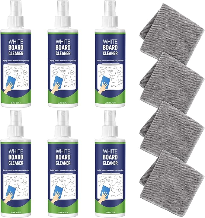 6 Pack Whiteboard Cleaner Spray 8.5oz Dry Erase Board Cleaner with 4 Cloths Non Toxic Dry Erase Cleaner Removes Stubborn Marks from Whiteboards