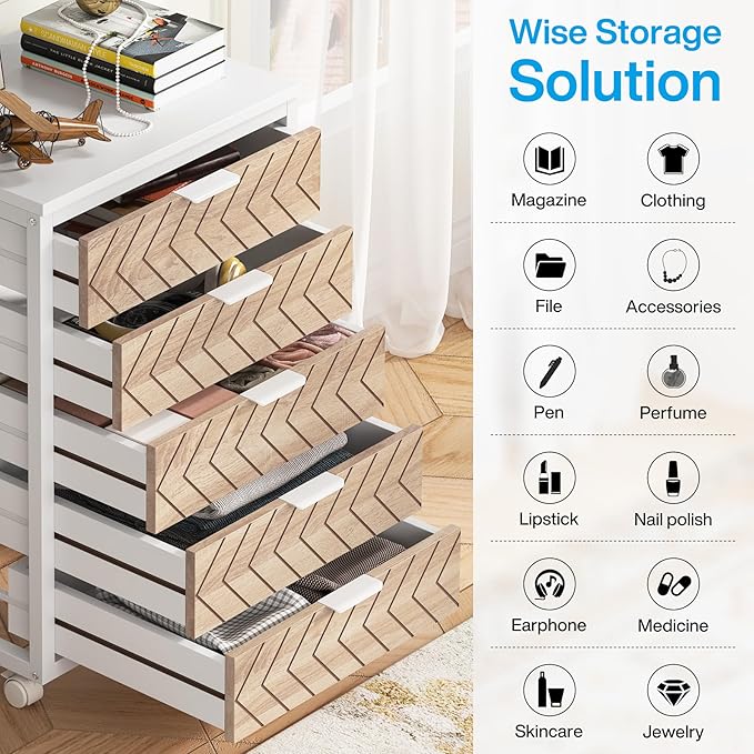 Tribesigns 5 Drawer Chest, Wood Storage Dresser Cabinet with Wheels, Industrial Storage Drawer Organizer Cart for Office Bedroom Entryway (Beige & White, 1 PC)
