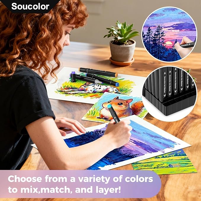 Soucolor Alcohol Markers 100 Colors with Case & Holders, Dual Tips Chisel & Fine Art Markers for Adult Coloring Kids Drawing, Artist Markers Art Supplies for Blending Sketching