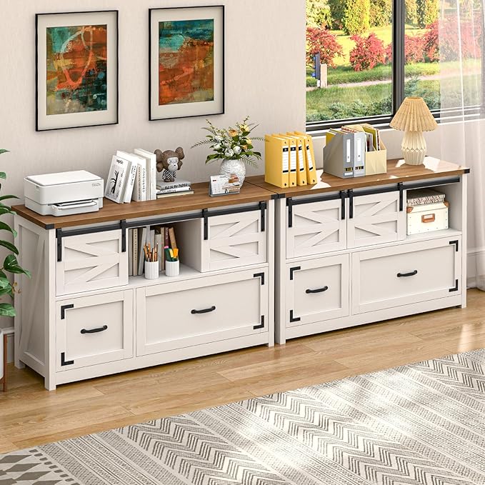 Lateral File Cabinets 2 Drawer with Sliding Barn Doors, Farmhouse Filing Cabinet with 2 Drawer for Home Office，Filing Organization Storage Cabinets for Hanging Files Letter/Legal/F4/A4.(Brown.)