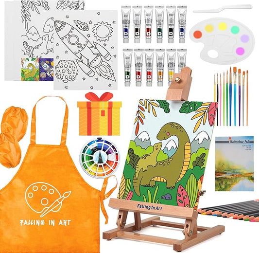 Falling in Art Tabletop Easel Set, Portable Wooden Art Easel Painting Kits for Kids, Easel for Painting Canvases, Including 12 Colors Acrylic Paints, 10 Paintbrushes and 4 Canvas Panels, Yellow