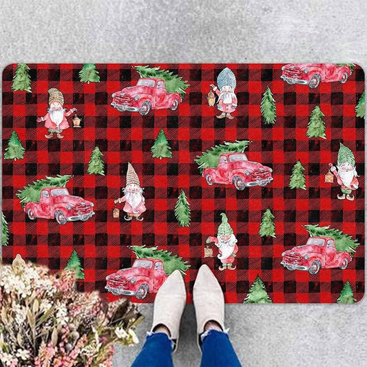 Christmas Front Door Mat Entryway Rug Buffalo Plaid Welcome Matt Front Porch Rugs Santa Claus Truck Doormat Outdoor Entrance Outdoor Rug Floor Mats, 18" x 30"Inch
