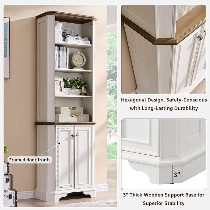 T4TREAM 6-Tier Bookshelf with Storage, 72" Tall Farmhouse Bookcase with Doors and Adjustable Shelves, Wooden Floor Standing Display Book Shelf Organizer for Home Office, Antique White