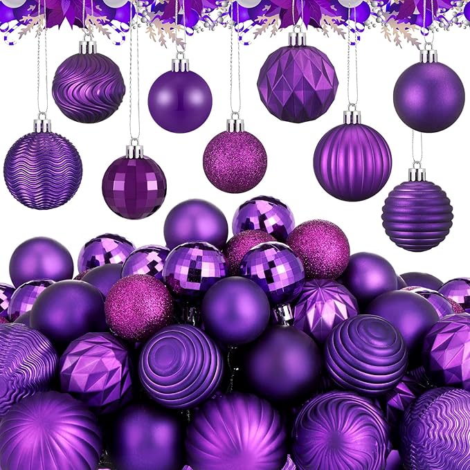 64 Pcs Purple Christmas Ball Ornaments 1.6/1.97/2.4 Inch Dark Purple Christmas Tree Decorations Shatterproof Plastic Xmas Bulbs Ornament for Tree Wreath Indoor Holiday Decor
