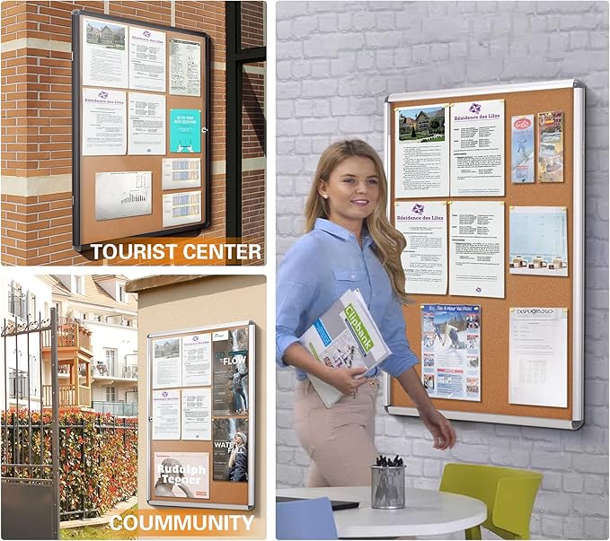 SWANCROWN Lockable Noticeboard Wall-Mounted Bulletin Pin Cork Boards Message Board with Aluminium Frame 28x14 inch