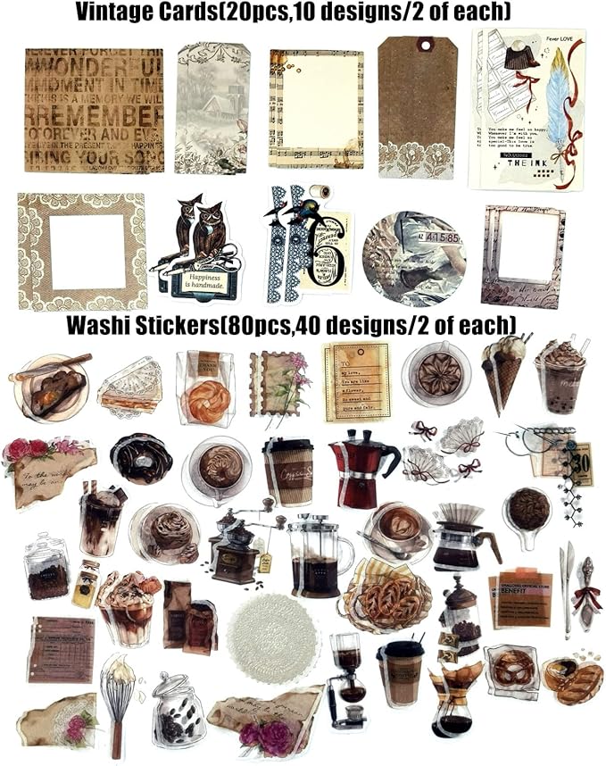 260PCS Vintage Journaling Scrapbooking Supplies Scrapbook Sticker Paper Ephemera Pack for Bullet Junk Journal Planners Collage Craft Notebooks Album (Coffee and Bread)