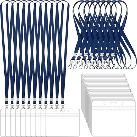 100 Pack Lanyards for ID Badges with Clear Name Tags, Reusable Lanyards Horizontal ID Card Badge Holders Plastic Name Badges for Men Women Kids Business School and Office Supplies (Dark Blue)