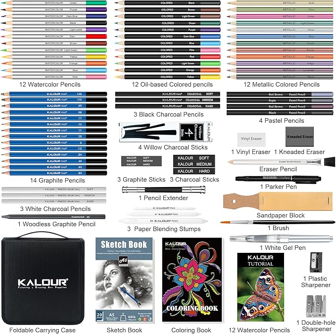KALOUR 82 Pack Drawing Sketching Kit, Pro Art Supplies with Sketchbook, Include Tutorial,Colored, Graphite, Charcoal, Watercolor,Metallic & Pastel Pencils, Drawing Set for Adults Teens Beginner