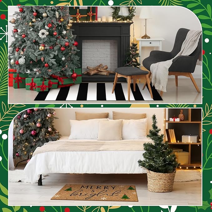 2 Pcs Christmas Door Mat Outdoor Merry Christmas Nature Coir Welcome Outdoor Rug Black White Stripe Xmas Front Porch Rugs Non Slip Floor Mats Indoor Entrance Decor
