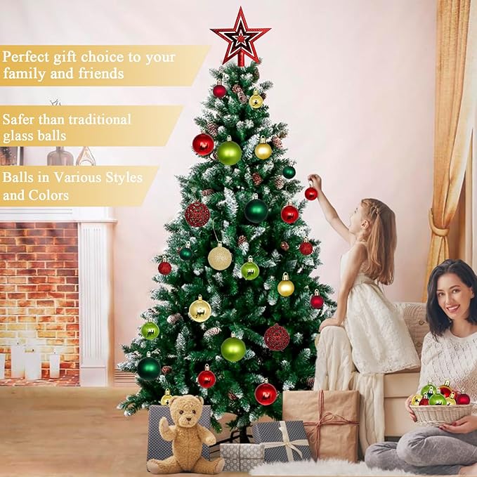 101 PCS Christmas Tree Ornaments Decoration Set, Red Golden Green Shatterproof Plastic Baubles Christmas Balls for Xmas Holiday Decorations