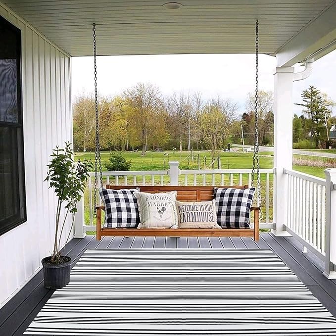 Black and White Striped Outdoor Rug 4' x 6' Front Porch Rug Machine Washable Front Door Mat Indoor/Outdoor Area Rugs Floor Mat for Farmhouse/Front Porch/Entryway/Laundry Room