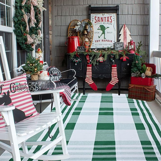 Christmas Door Mat Outdoor 4' x 6' Green and White Plaid Rug Christmas Decor Rug Cotton Hand-Woven Layered Door Mats Washable Carpet for Front Porch, Kitchen, Farmhouse, Entryway