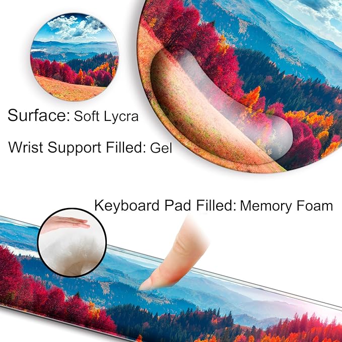 Mouse Pad and Keyboard Wrist Rest Support, with Non-Slip PU Base,Gel Mouse Pad with Coaster,Pain Relief for Gaming, Computer,Office -Autumn