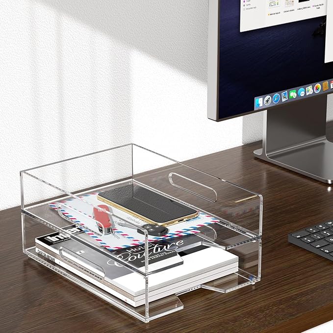 HIIMIEI Paper Organizer for Desk, Acrylic Paper Tray, Clear Letter Tray Desk Stackable Organizer Tray for School, Home, Office 2 Tiers