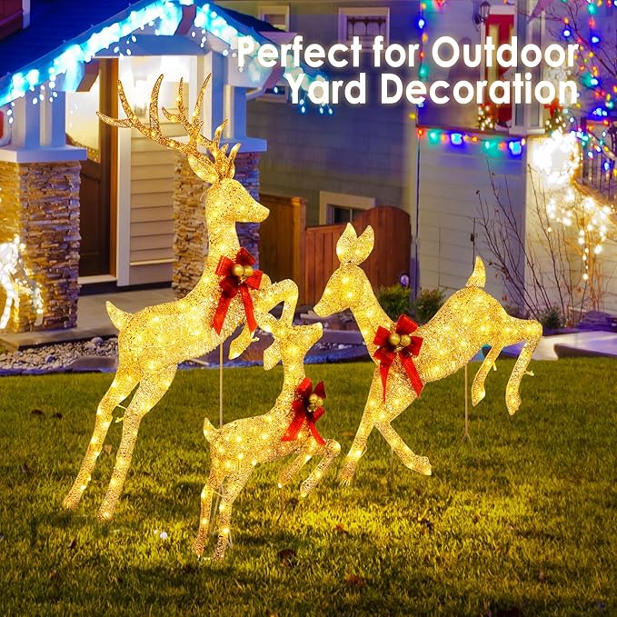 NALONE 3 PC Lighted Reindeer Family Set, 3D Large Christmas Deer Decoration for Outdoor Yard with 210 Warm White LED Lights, Xmas Deers for Outside with Stakes, Bow Ties