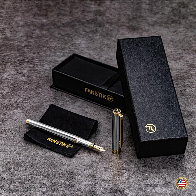 Customized Silver&Gold Luxury fountain pen (Made In USA) fancy gift set for women, Real 24K Gold Plating, Professional executive pen gift set for men (Lux Custom-fountain Silver-Gold)