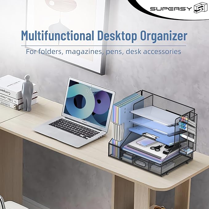 SUPEASY Desk Organizer with File Holder, 5-Tier Mesh Paper Letter Tray and 3 Tilted File Sorter for Office Supplies, Black