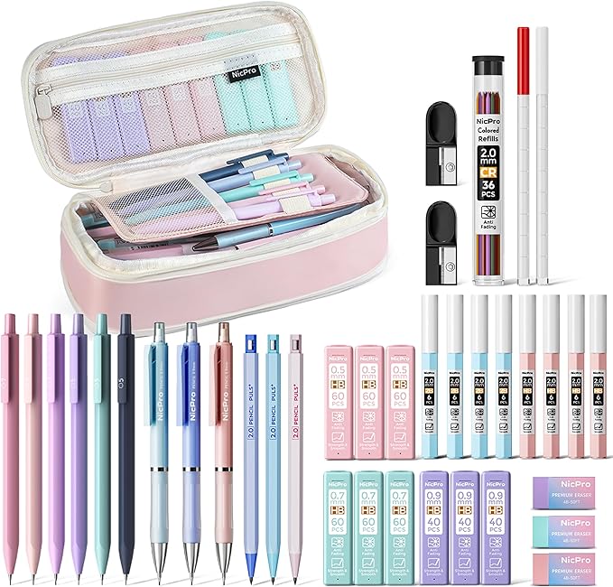 Nicpro 38PCS Aesthetic School Supplies, Cute Mechanical Pencils 0.5, 0.7, 0.9 & 2.0 mm with 564PCS Lead Refills, Pastel Mechanical Pencil Set for Students Girls Writing Drawing Drafting - Pink Case