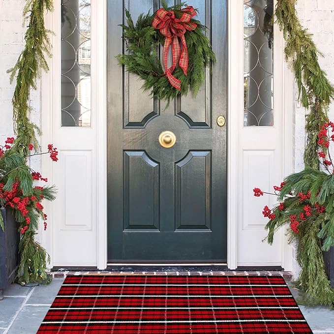Christmas Plaid Outdoor Rug, 2' x 4'3'' Red & Black Check Indoor/Outdoor Area Rug, Layering Rug for Hello/Welcome Door Mat, Machine Washable Cotton Woven Farmhouse Mat for Front Porch Décor