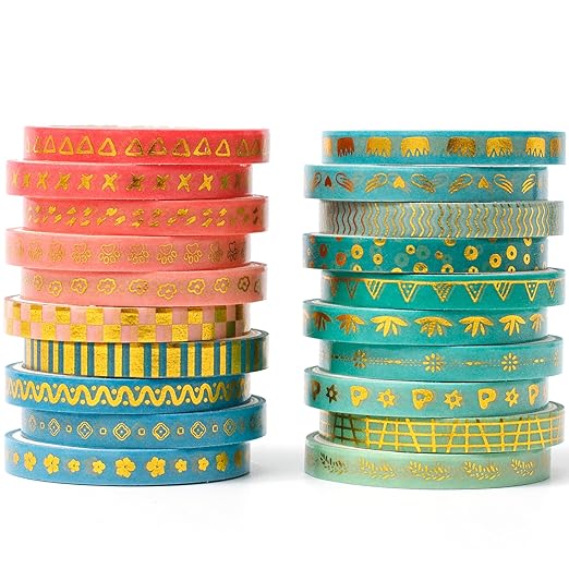 YUBX Skinny Gold Washi Tape Set Basic Foil Print Decorative Masking Tapes for Arts, DIY Crafts, Journals, Planners, Scrapbook, Wrapping (Peacock Tail)