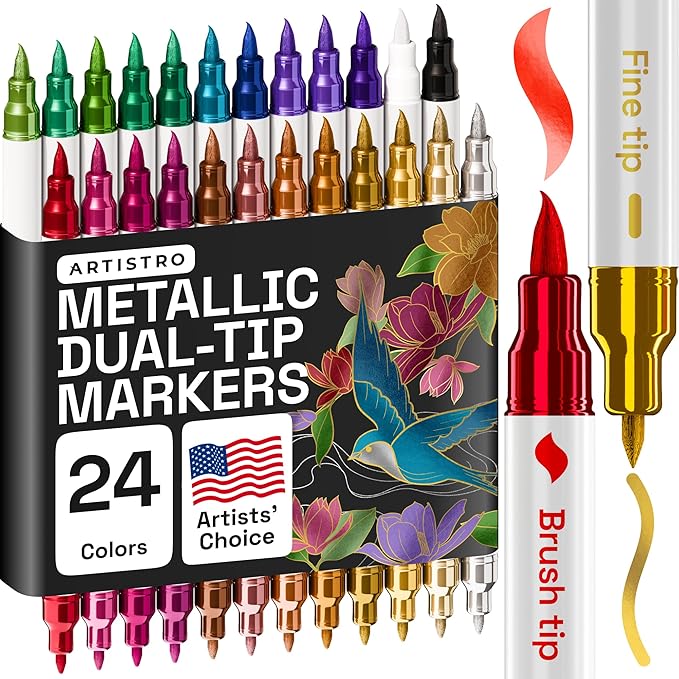 ARTISTRO Dual Tip Acrylic Paint Markers - Easy for All Ages & Levels Acrylic Paint Pens for Fabric, Rocks, Paper, Wood, Canvas, Glass, DIY (Dual Tip Metallic, 24)