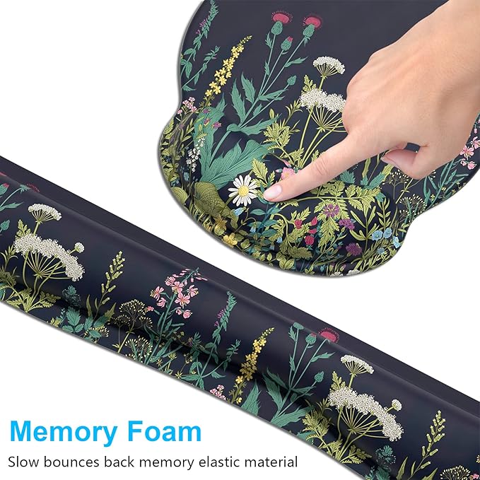 Dapesuom Keyboard Wrist Rest and Mouse Pad with Wrist Support, Cute Memory Foam Cushion for Keyboard and Mouse Set, Ergonomic Pad Rests with Non Slip Base for Easy Typing & Pain Relief, Elegant Flower