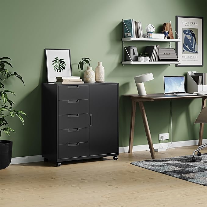 Letaya 5 Drawer Storage Cabinet, Mobile Printer Stand for Home Office,Dresser Chest with Shelves and Door(Black)
