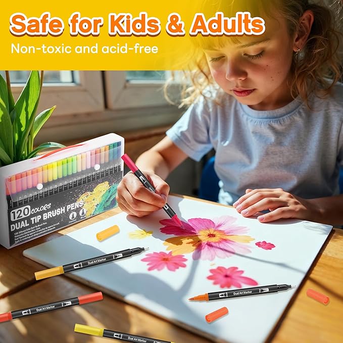 Art Markers Pens Brush Tip - 120 Color Dual Brush Pen and Fine Tip Marker for Coloring Drawing Journaling Lettering - Markers for Adults Kids Coloring Books No Bleeding Art Supplies Set
