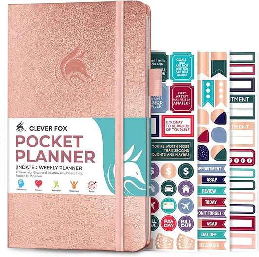 Clever Fox Pocket Planner Weekly – Undated Monthly Goal Planner and Calendar, Mini Planner Perfect for Purse, 3.7x6.7" (Rose Gold)