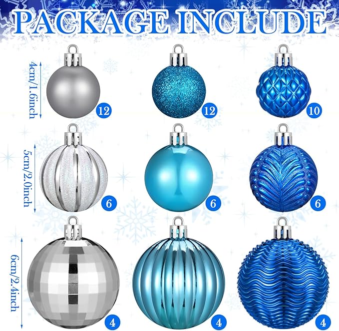 64 Pcs Winter Ball Ornaments Silver Blue Ornament for Tree 1.6/1.97/2.4 Inch Shatterproof Glitter Matt Xmas Baubles Assorted Size Winter Wonderland Ornament Decoration for Christmas Tree Party