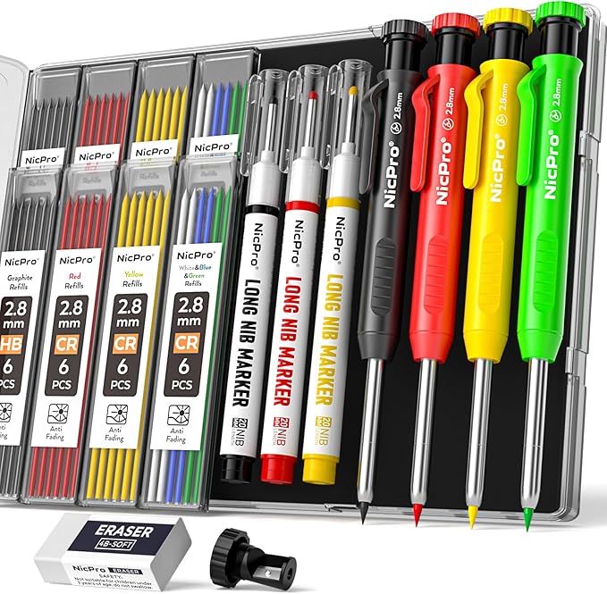 Nicpro 4 Pack Carpenter Pencils with Sharpener, Construction Mechanical Pencil Set with 52 Refills, Heavy Duty Working Tools, Long Nib Marker Pens for Architect Marking (Red, Black, Yellow, Green)